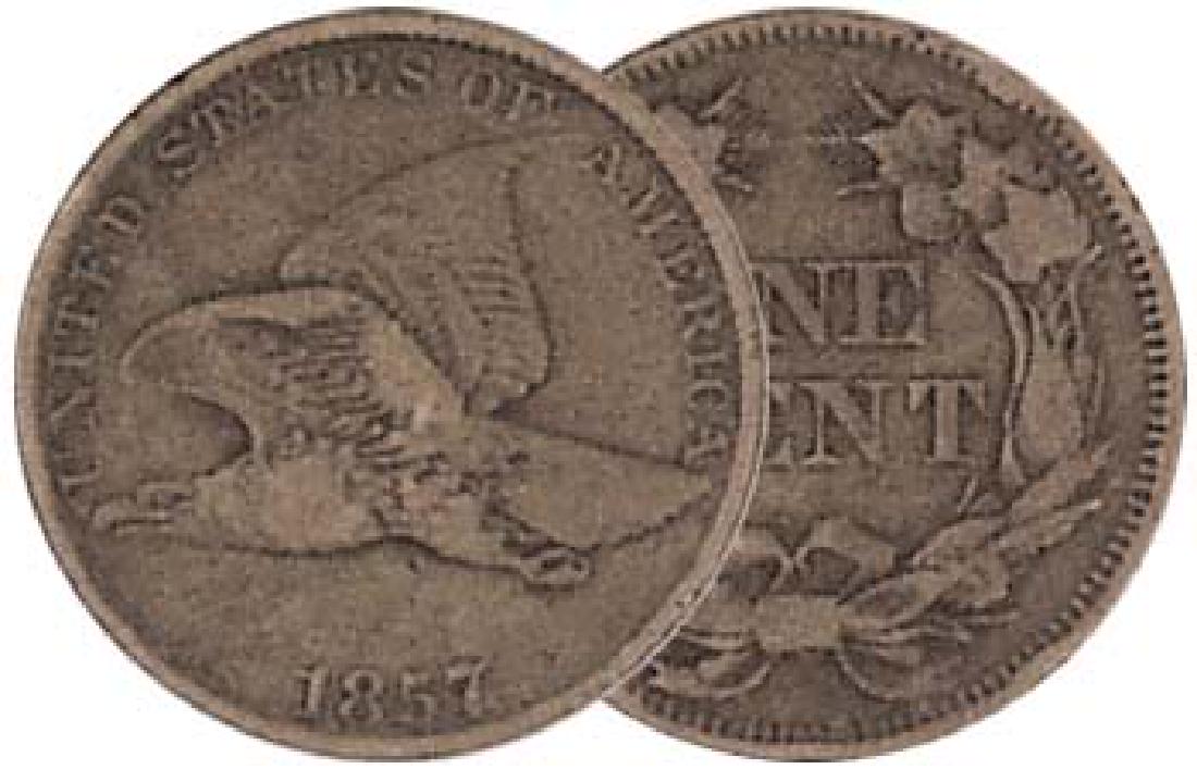 1857 Flying Eagle US One Cent: Item is as shown in image. Bidder is responsible for all value and grade determination based upon image. All bids constitute abinding contract and agreement to pay.