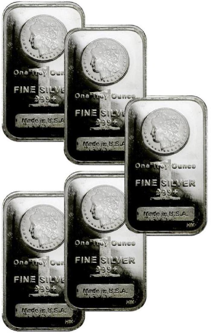 (5) 1 oz. Silver Morgan Design Bars: Item is as shown in image. Bidder is responsible for all value and grade determination based upon image. All bids constitute abinding contract and agreement to pay.