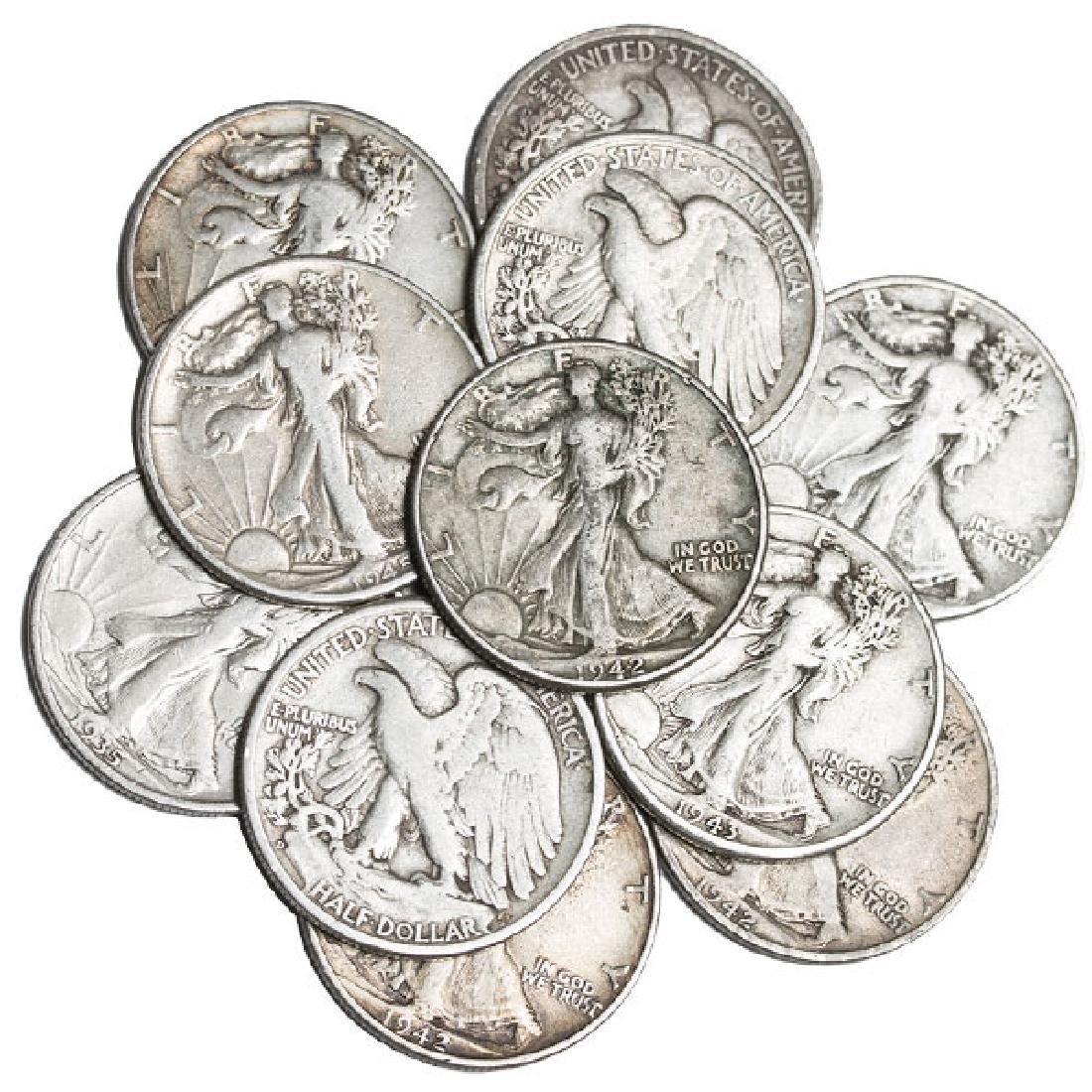 (10) Walking Liberty Half Dollars -90% Silver: Item is as shown in image. Bidder is responsible for all value and grade determination based upon image. All bids constitute abinding contract and agreement to pay.