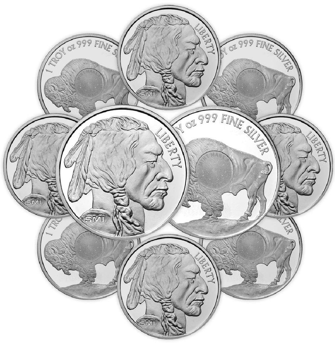 (10) 1 oz. Silver Buffalo Design Rounds: Item is as shown in image. Bidder is responsible for all value and grade determination based upon image. All bids constitute abinding contract and agreement to pay.