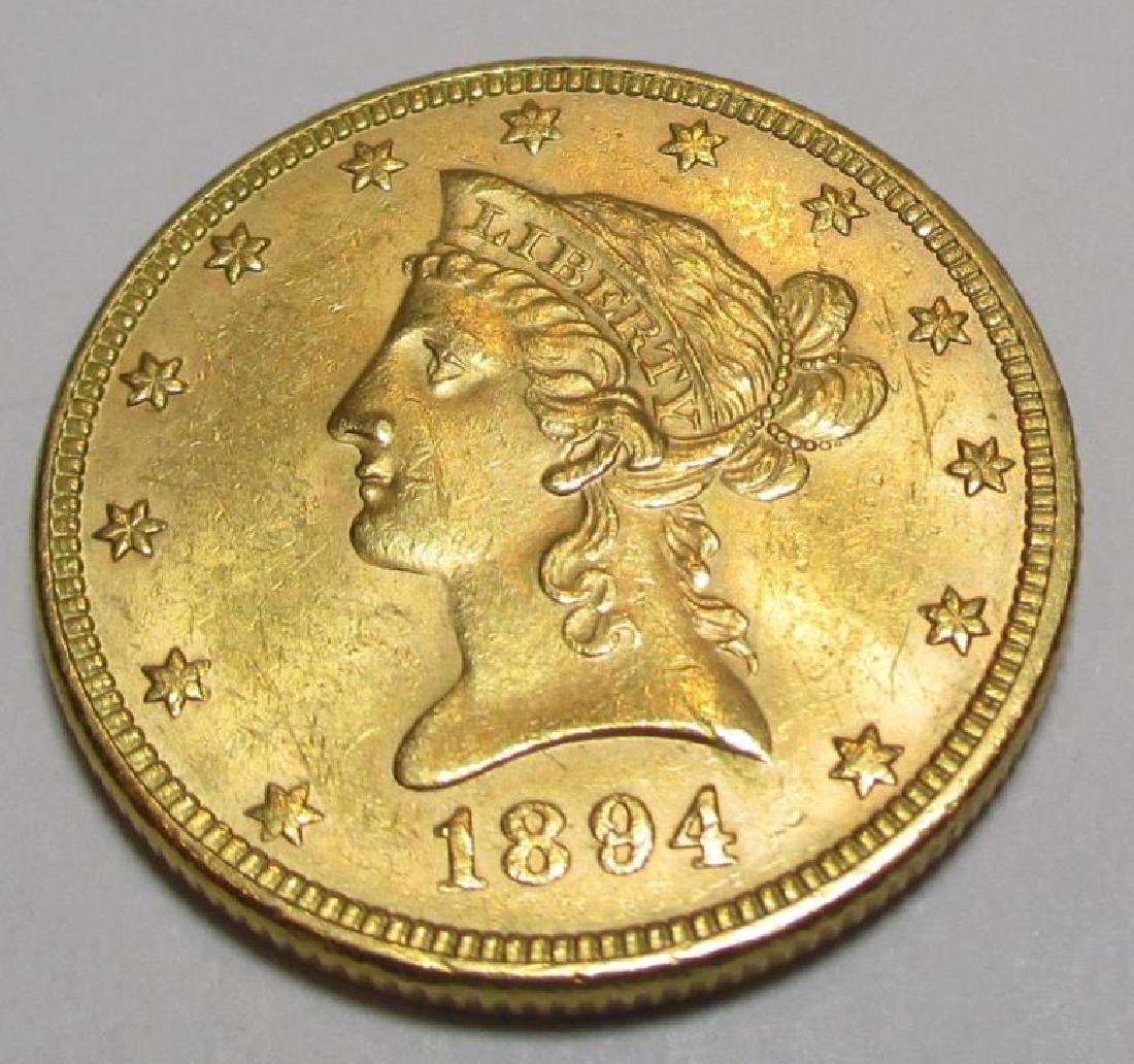 1894 $10 Gold Liberty Eagle Coin: Please note that all items are as shown in image. Bidder is responsible for all grade based upon images and value. Bidder further agrees to all terms and understands all nuances of bidder registration