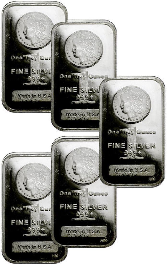 (5) 1 oz Morgan Design Silver Bars: Please note that all items are as shown in image. Bidder is responsible for all grade based upon images and value. Bidder further agrees to all terms and understands all nuances of bidder registration
