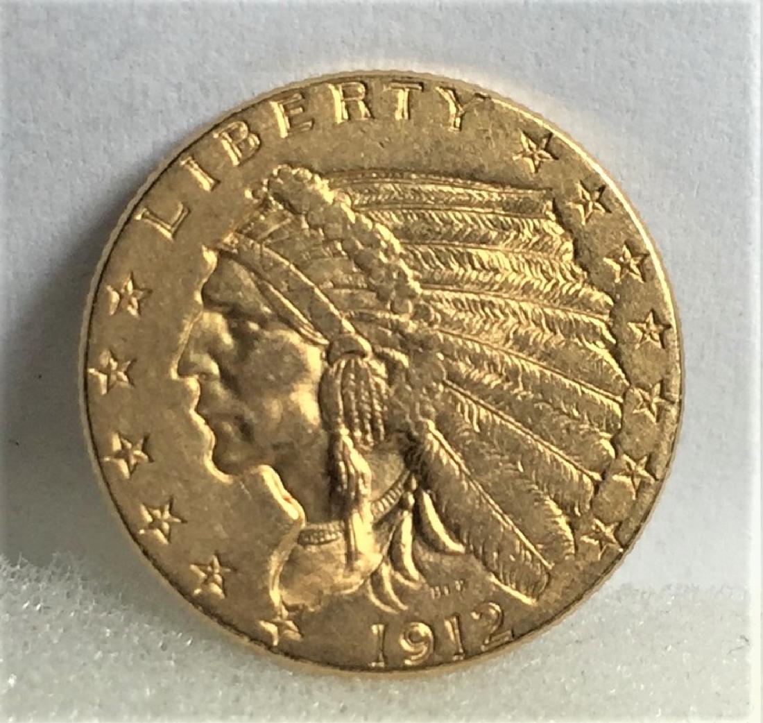 1912 $2.5 Gold Indian Quarter Eagle: Please note that all items are as shown in image. Bidder is responsible for all grade based upon images and value. Bidder further agrees to all terms and understands all nuances of bidder registration
