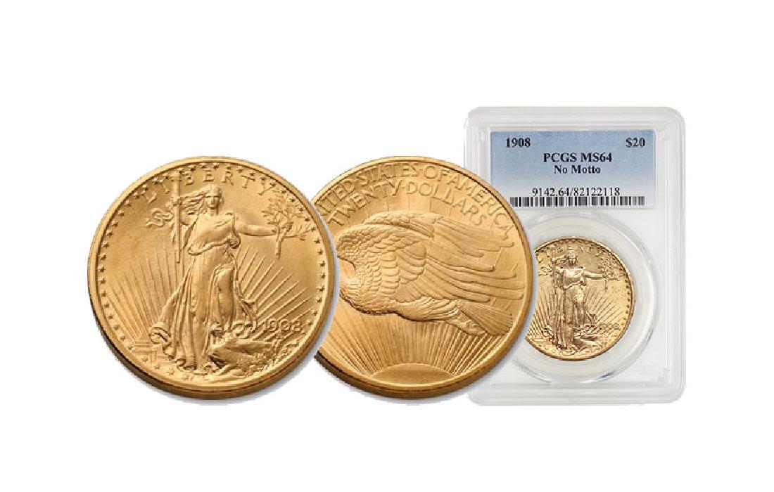 1908 NM MS 64 PCGS $20 Gold Saint Gaudens: Please note that all items are as shown in image. Bidder is responsible for all grade based upon images and value. Bidder further agrees to all terms and understands all nuances of bidder registration