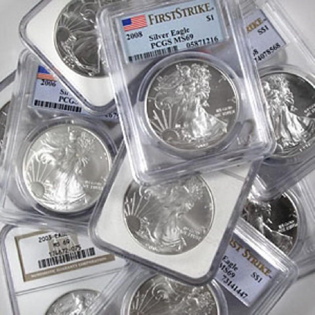 (20) MS 69 US Silver Eagles PCGS or NGC Mix: Please note that all items are as shown in image. Bidder is responsible for all grade based upon images and value. Bidder further agrees to all terms and understands all nuances of bidder registration