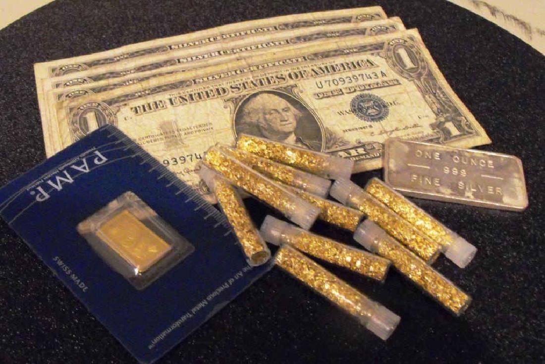 Investor Starter Set Gold and Silver: 2.5 gram pamp- 10 NON BULLION Gold Leaf scrap vials- 5 Silver Certs- 1 oz silver bar or round. Please note that all items are as shown in image. Bidder is responsible for all grade based upon images a