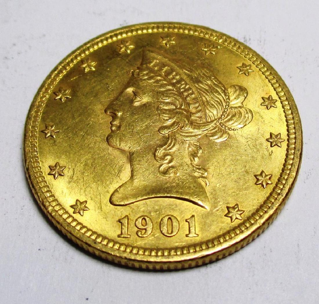 1901 $10 Gold Liberty Coin: Please note that all items are as shown in image. Bidder is responsible for all grade based upon images and value. Bidder further agrees to all terms and understands all nuances of bidder registration