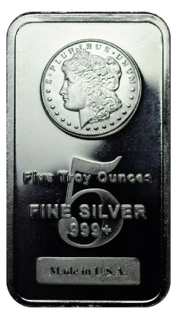 5 oz Morgan Design Silver Bar: Item is Pure silver .999 and struck with Morgan head design on Obverse.