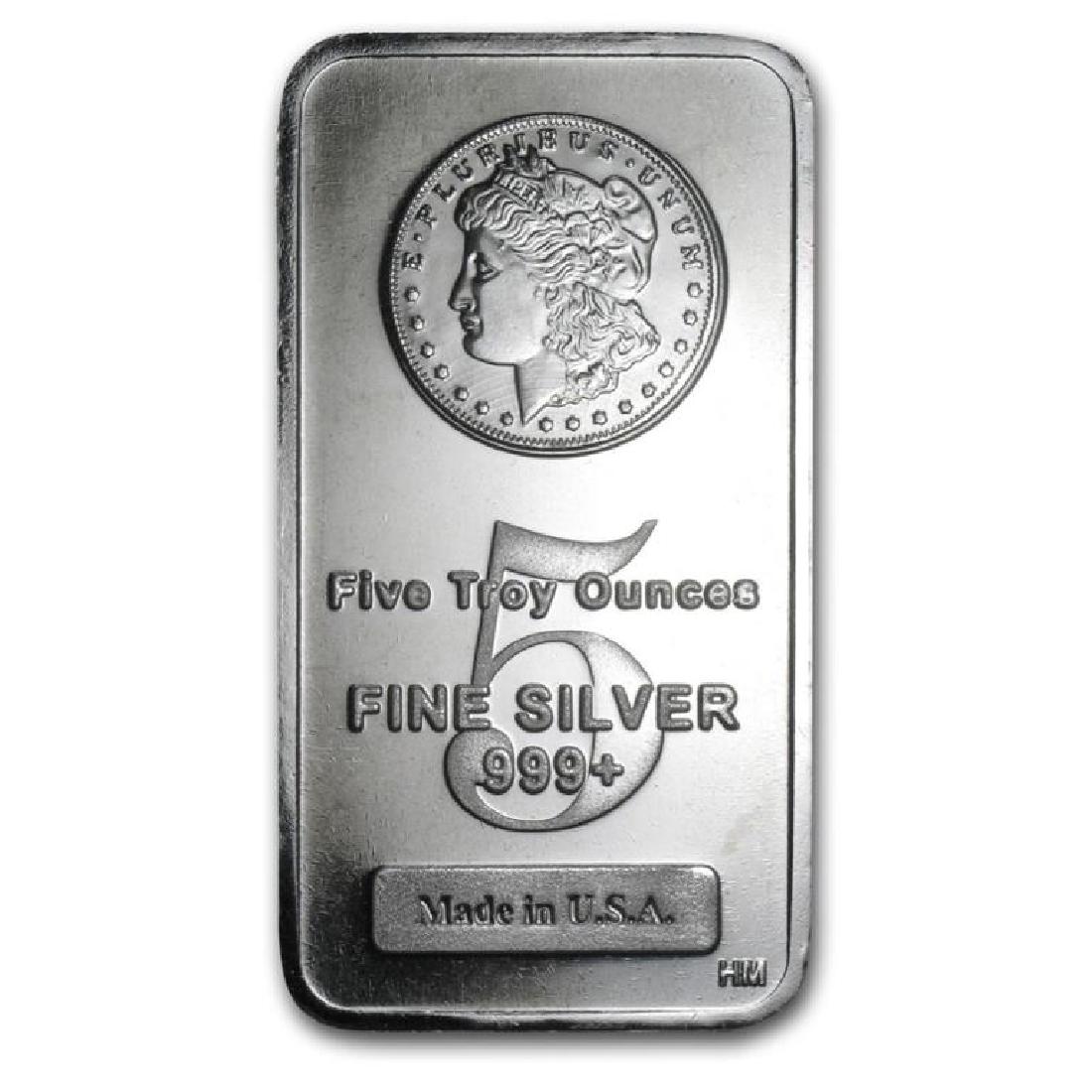 5 oz Morgan Design Silver Bar: Item is Pure silver .999 and struck with Morgan head design on Obverse.