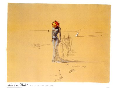 Female Figure with Head of Flowers- Dali: Female Figure with Head of Flowers, 1937- Art Print- by Salvador Dali. "Female Figure with Head of Flowers" contains the ordinary, symbol-laden objects that defined Surrealist genius Salvador Dali's d