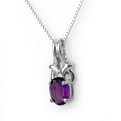 Necklace 0.77 ctw Diamond Amethyst: 0.77 ctw Diamond & Amethyst Ladies Necklace in 10K White Gold with 16 Chain Gemstone: 1 Oval Cut Amethyst 0.75 ctw Diamonds: 1 Round Brilliant Cut 0.02 ctw Clarity: SI2-I1 Color: H-J Gold: 2.30 grams 