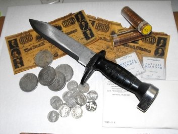 Collectible Coins, Paper Currency, Kabar more...: Natural diamonds, Huh Peh Collectible coins, 15 Buffalo nickels, paper currency collectibles, 2 rolls 1967p Memorial Pennies and kabar.