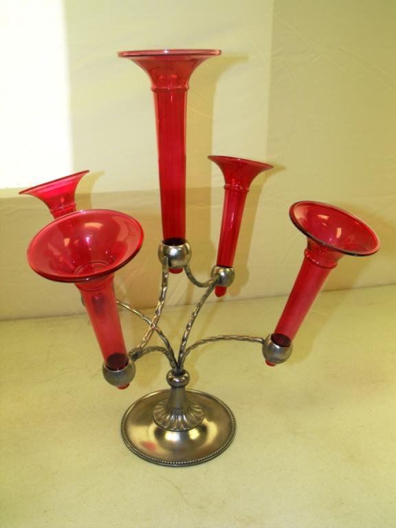 Ruby Red Multi Flute Epergne: A white metal English base epergne with Ruby flutes. 15.5"