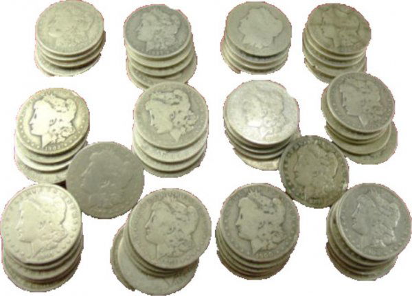 Morgan Silver Dollars- 1878-1921: A lot with 50 Morgans- Various Dates- Grades and Mints. Average circulated approximate grade. One bid wins the entire lot. From the lockbox of a recent estate