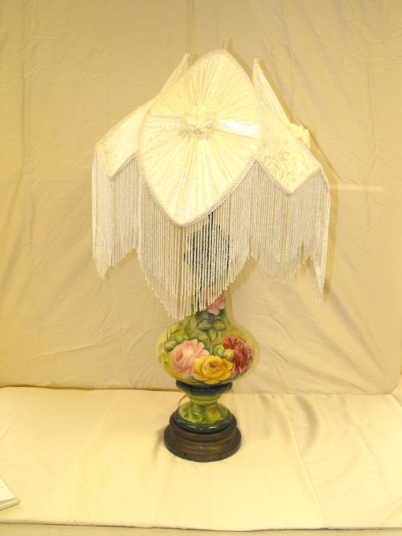 Very Fine Porcelain Hand Painted Lamp: A nice parlour lamp, nicley painted with fancy silk shade. 31"