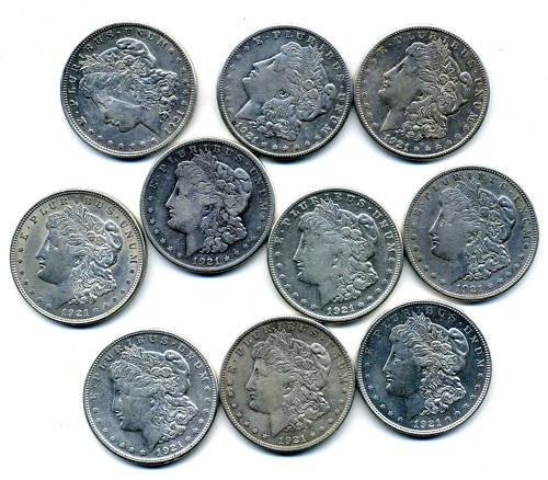 Lot of 10 Morgan Silver Dollars: g-au grades- . All of our items are Official US Asset Forfeiture & Seizures acquisitions. They are not privately held items. They may have belonged to bankrupt asset dealers, coin collectors, coin dea