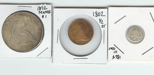 1872 Seated Trade Dollar-1802 1/2 Cent-1865 III-COP: Great fillers for your collection!