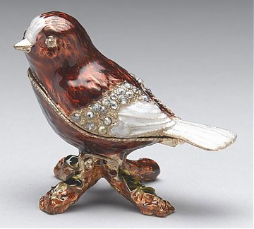 Copper and Enamel Bird Jewel Box: Copper enamel with white enamel accents, clear decorative stones and a brown painted base. Hinged top half of body opens to storage. (pc) Dimensions: 2.50 H, 3.00 W, 2.00 D