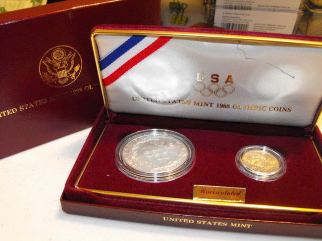 1988 Olympic Commemerative GOLD/Silver: 1988 OLYMPIC PROOF SILVER DOLLAR & FIVE DOLLAR COIN SET