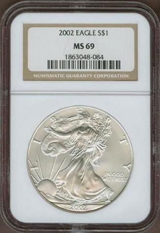 2002 MS 69 Silver Eagle: The American Silver Eagle is the official silver bullion coin of the United States. It was first released by the United States Mint on November 24, 1986. It is struck only in the one-troy ounce size w