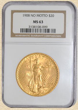 1908 $20 St. Gaudens MS63 NGC No Motto: 1908 $20 St. Gaudens MS63 NGC No Motto