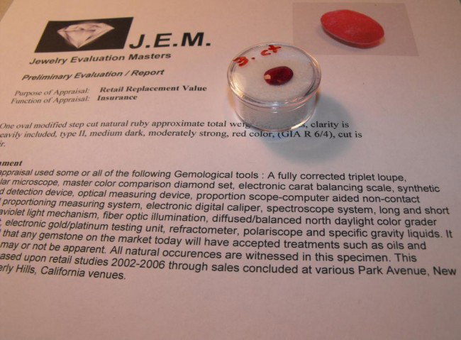 3 ct Ruby Gemstone - Appraisal $ 2070: This gemstone has been evaulated by an independant Graduate Gemologist from Gemological Institute of America. Because of our contacts you can buy these goods at a fraction of their value. Invest today