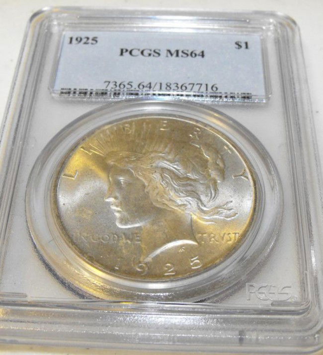 1925 MS 64 Peace dollar: This item has been placed into slab/holder/2x 2 by a third party prior to it being listed by us, we do not know the grades of the items.Evaluation should be based upon visual inspection via photo- Thi