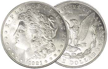 Morgan Silver Dollar 1921-P Brilliant UNC: Redesigned by the U.S. Mint's George T. Morgan, 43 years after he created his original Morgan silver dollar of 1878! America's longest silver dollar series was suspended in 1904, and the U.S. Mint des