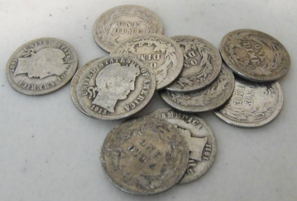 Lot of (10) Barber Dimes: We offer at auction some of the best quality tangible assets. We strive to make your bidding experience the best on the net. Weekly sales of large bulk lots, individual lots and simply the most offeri