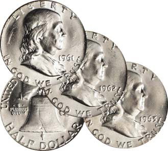 1961,2,3 UNC Franklin Halves: Only five issues were struck by the San Francisco Mint in this series, including some of the lowest mintages. Our set contains the 1949-S issue (the toughest find — only 3.7 million were struck for