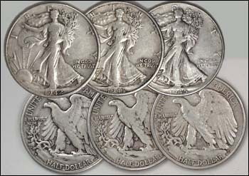 3-Coin World War II Walking Liberty: 1941-5 andom 3 coins. Circualted Condition - Clad in the American flag, Adolph A. Weinman's patriotic Walking Liberty emerged during World War I and was due for retirement in 1942, but Congress extend
