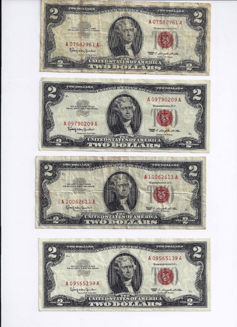 Lot of 4 Red Seal $ 2 Dollar Bills 1963: Lot is sold as is and as shown.