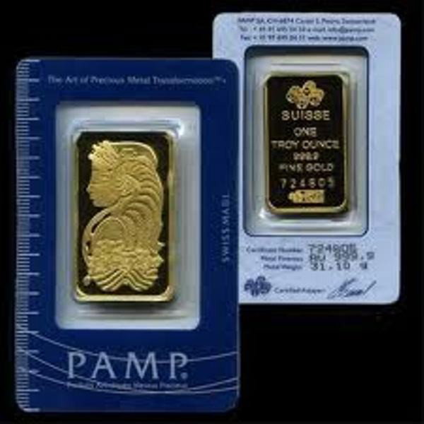 1 oz Pamp Suisse Gold Ingot on Assay Card: From the finest Swiss foundry the Pamp Suisse 1 oz bullion ingot is .9999 pure.