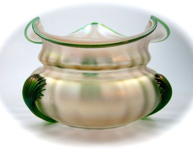 A Fine Austrian Art Glass Vessel w/applied stringing: A Loetz or Kralik art glass vessel with applied stringing.