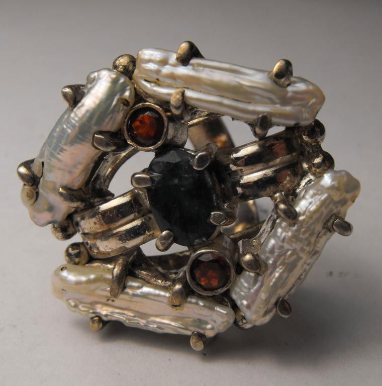 Mixed Designer Organic and Gemological Ring: Pearls-Emerald-Garnet- $2375 GG GIA - This item was appraised with the gemstone in mount. Each gemstone has been evaluated on a case by case basis, some stones are higher quality than others and will