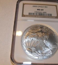 2003 MS 69 NGC US Silver Eagle: We offer at auction some of the best quality tangible assets. We strive to make your bidding experience the best on the net. Weekly sales of large bulk lots, individual lots and simply the most offeri