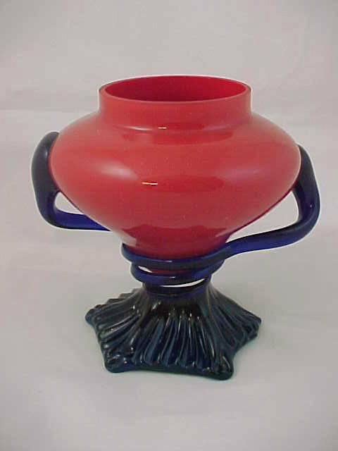 Art Deco Czech Art Glass Footed Vase: A fine red and blue art glass vase. Excellent spiral decor. 5 x 2.5 x 3.5