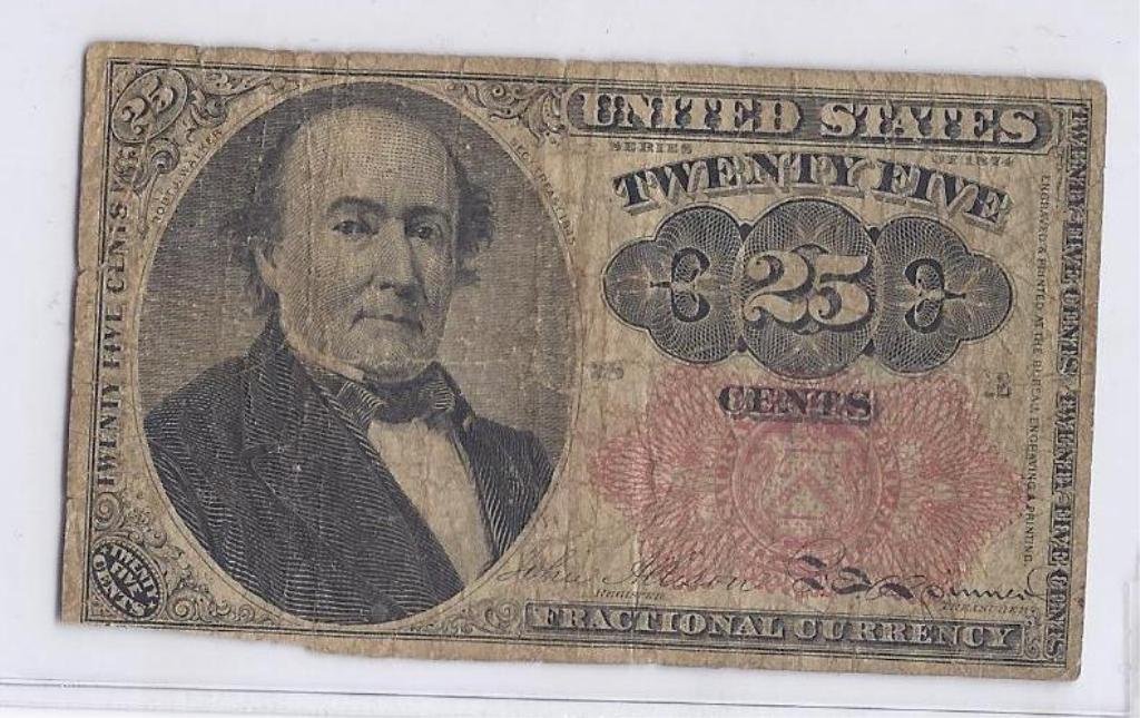 1874 Fractional 25 cent Postal Currency: A 25 cent fractional currency note.