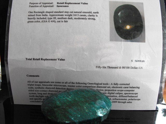 RA- 1613 ct. Natural Emerald Gemstone $ 56K: An appraised large gemstone with GG GIA form.
