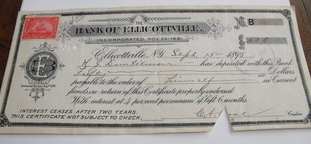 RA- 1894 Bank Note Ellicottville: A nice note is good condition. Clipped as per paid.