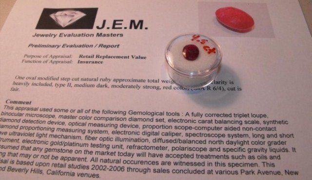 RA- 4.5 ct Ruby gemstone - $1900 GG: An appraised ruby gemstone with appraisal form