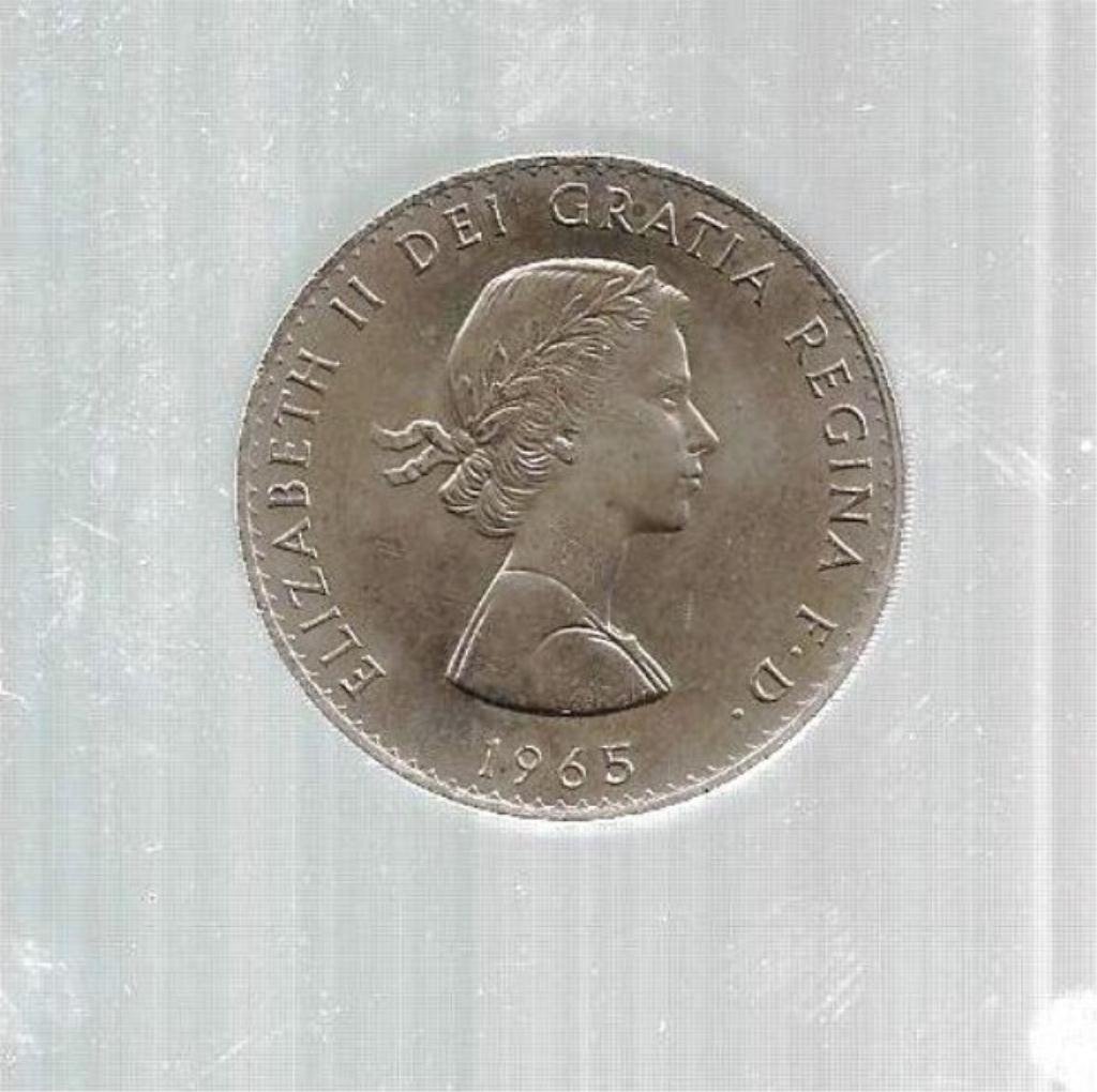 RA- British 1965 5 Shilling Churchill: A British 1965 cupro-nickel Crown (Five Shillings)(Elizabeth II)(Churchill Commemorative),