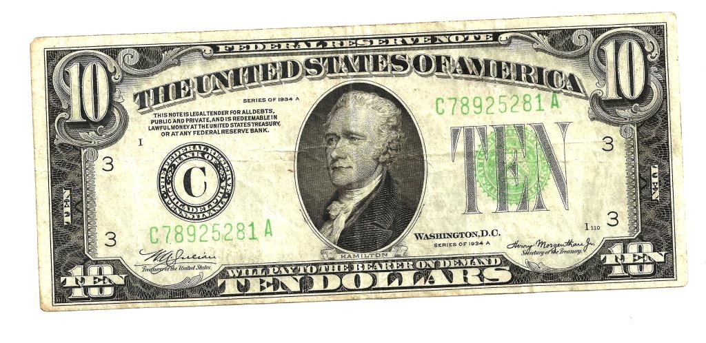 RA- 1934 Series A FRN $ 10 Currency: AU grade with only linear crease found.