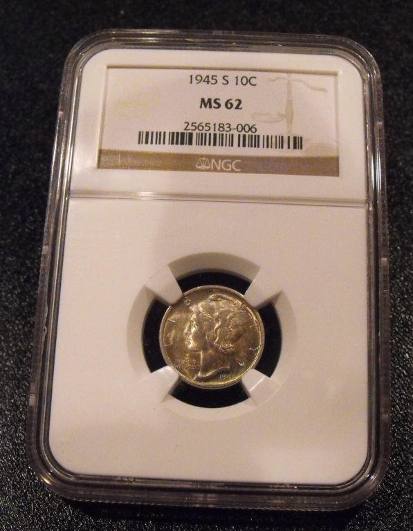 RA- 1945 S MS 62 Mercury Dime: NGC Graded and attributed item.