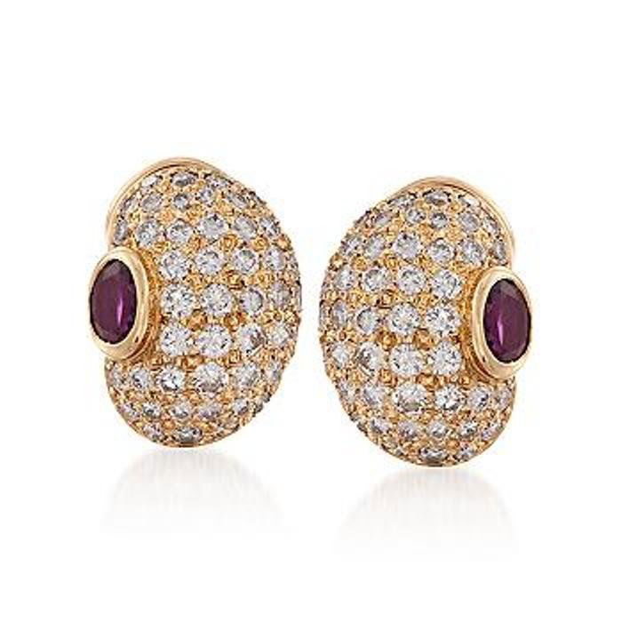 C. 1980 Vintage .80 ct. t.w. Ruby and 3.00 ct. t.w. Dia: C. 1980 Vintage .80 ct. t.w. Ruby and 3.00 ct. t.w. Diamond Earrings in 14kt Yellow Gold Item#: 793033 Metal: 14kt Yellow Gold Finish: Polished Backing: Post/Clip Hanging Length: 5/8 inch Stones per E