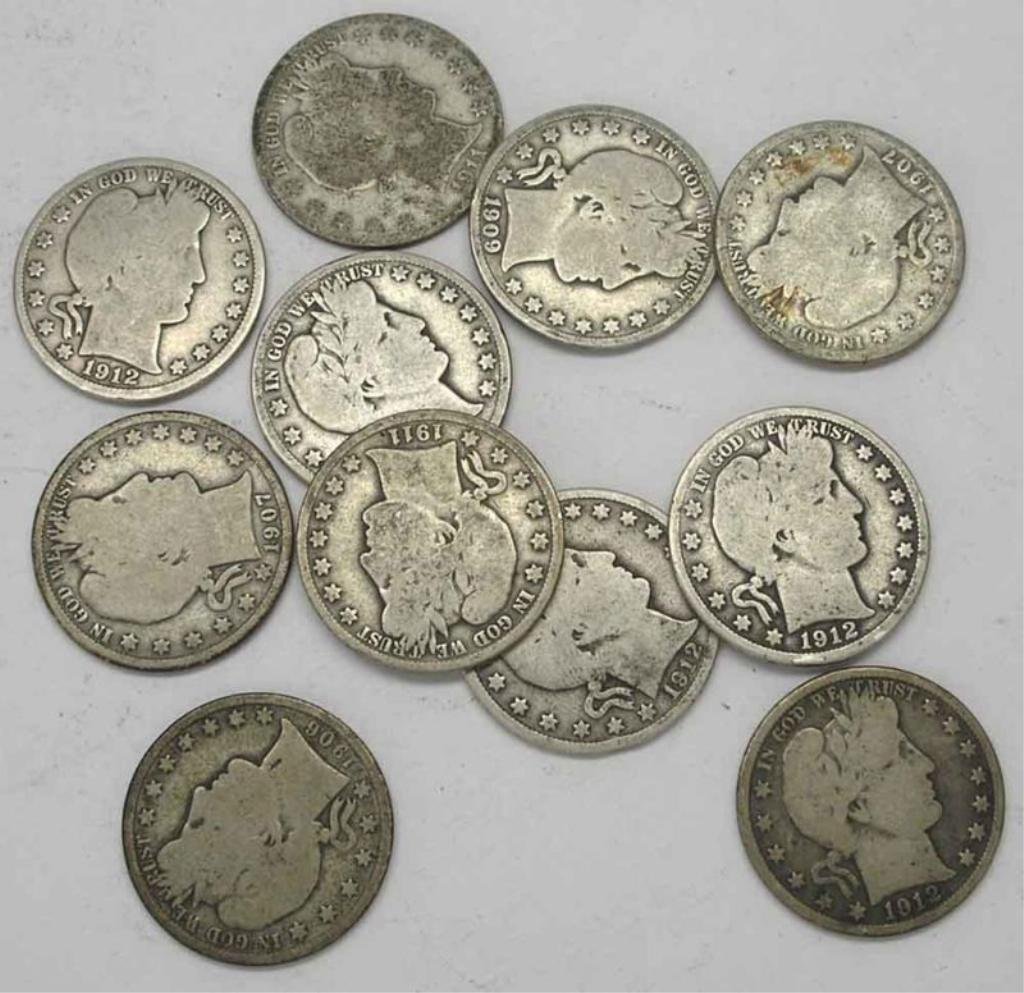 Lot of 10 Barber Half Dollars: A lot of 10 Barber half dollars- U.S. half dollars carried the Liberty Seated design for over 50 years from 1839 to 1891, and were due for a change. Barber half dollars, struck in 90% silver and named
