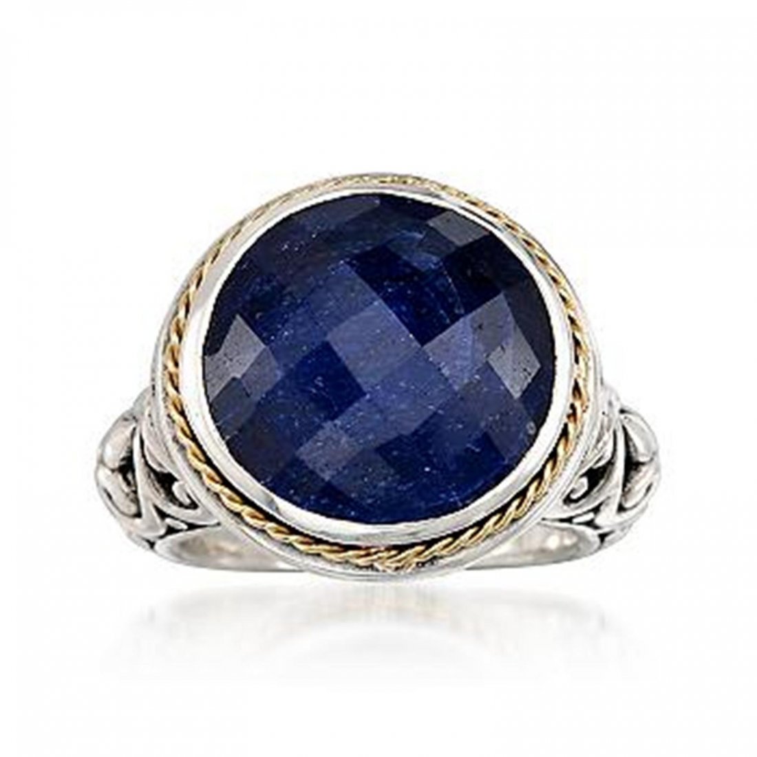 Balinese 15.00 Carat Sapphire Ring in 14kt Yellow Gold: Metal: Silver and 14kt Finish: Polished Stone 1: Sapphire (Color: Blue, Quantity: 1, Shape: Round, Weight: 15.00 carats, Size: 15 mm)