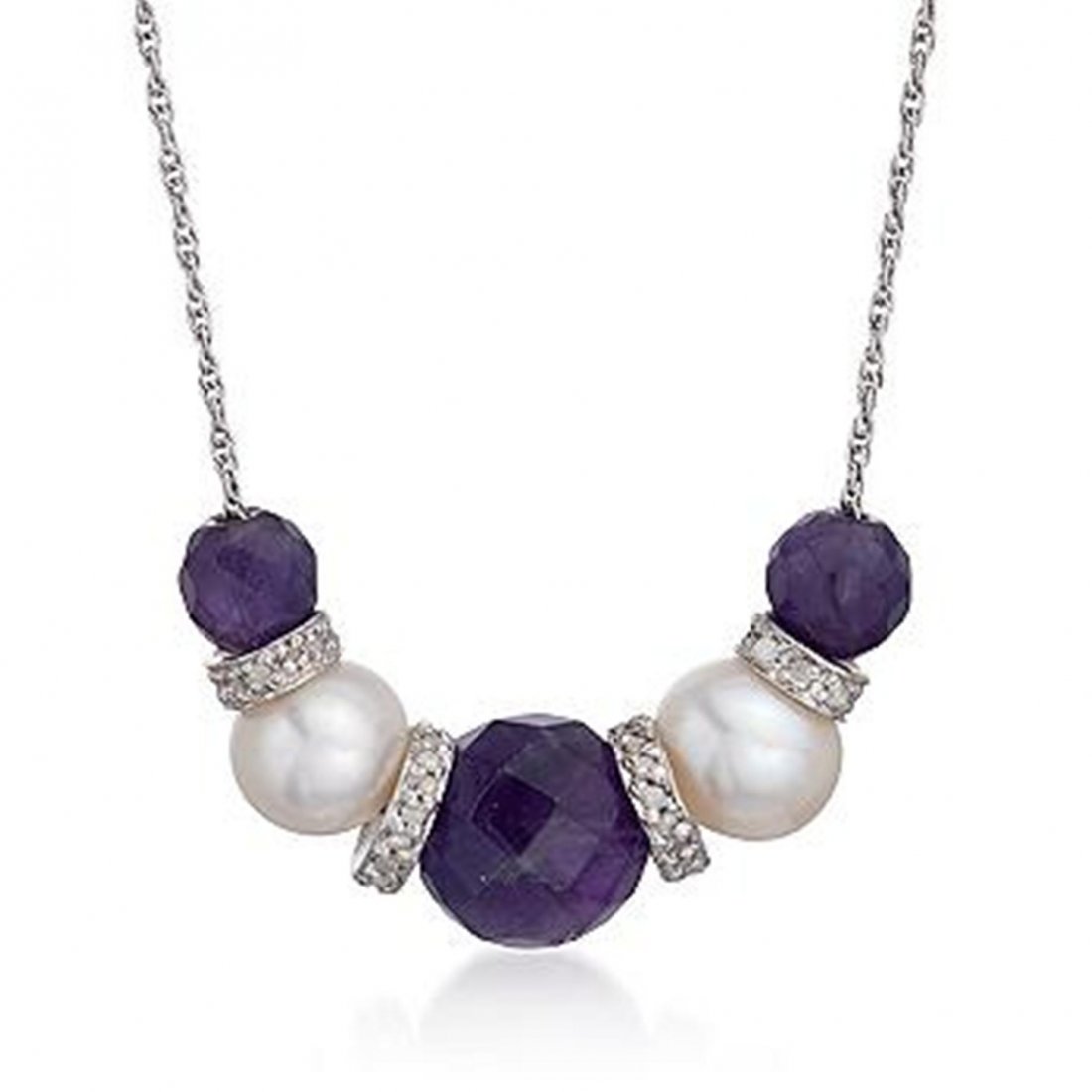 8.30 ct. t.w. Amethyst and Pearl Necklace With .25 ct.: 8.30 ct. t.w. Amethyst and Pearl Necklace With .25 ct. t.w. Diamonds in Sterling Silver 679328 Metal: Sterling Silver Finish: Polished Chain: Rope Chain Size: 1 mm Clasp: Springring Stone 1: Amethyst