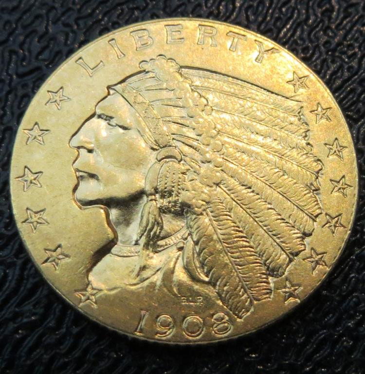 1908 P $ 2.5 Gold Indian Head Coin: This lot of from a long time hoard of a Pacific Northwest Investor. These coins have been out of the market for a number of years. You are buying the exact lot in the photo. ALL SALES ARE FINAL.