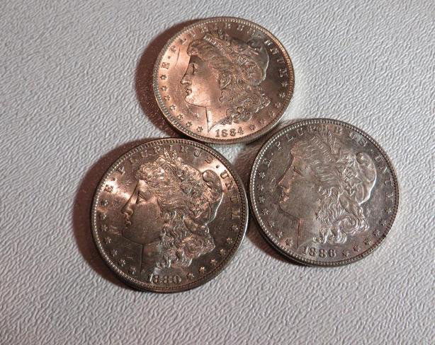 1880 s 1884 o 1886 p High Grade and BU Morgans: This lot of from a long time hoard of a Pacific Northwest Investor. These coins have been out of the market for a number of years. You are buying the exact lot in the photo. USE YOUR JUDGEMENT TO EXAC